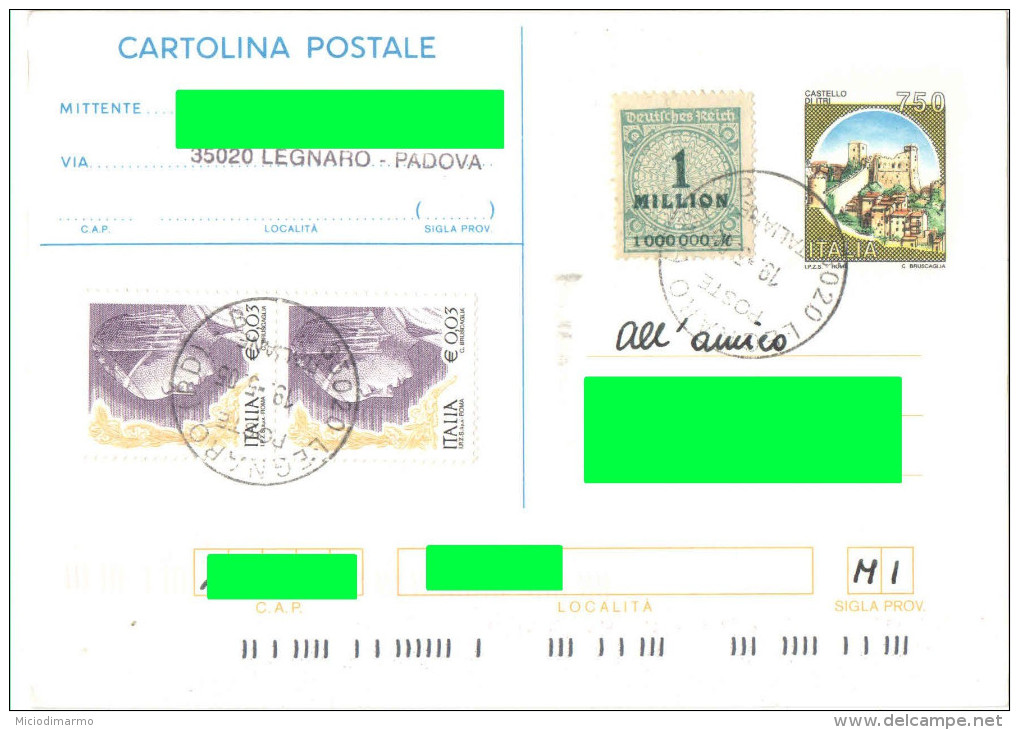 J573) ITALIA CARTOLINA POSTALE CASTELLI LIRE 750 DEL 1995 VIAGGIATA - Interi Postali