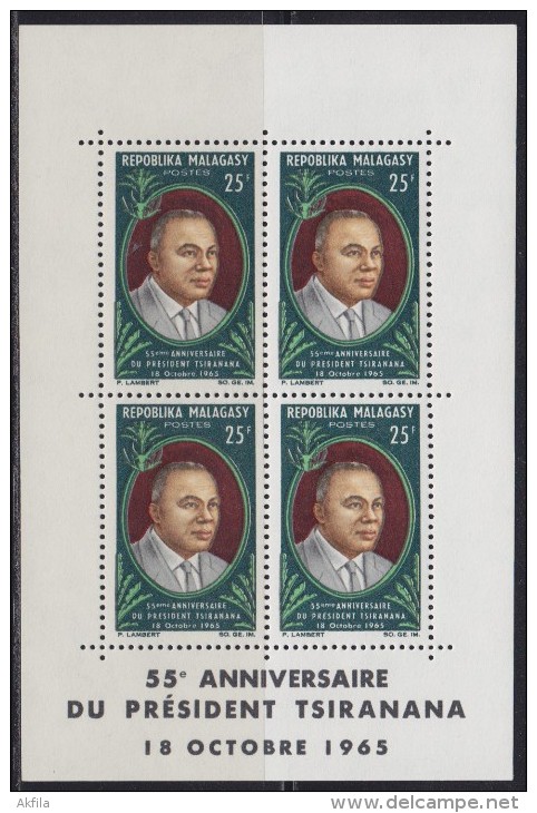 2929. Madagaskar, 1965, President Philibert Tsiranana, Block, MNH (**) - Madagascar (1960-...)