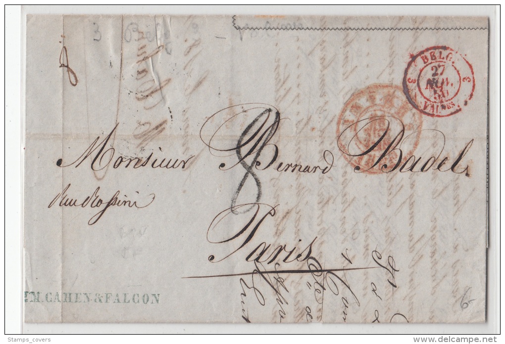 BELGIUM USED COVER 18/11/1850 ANVERS VERS PARIS - 1830-1849 (Belgica Independiente)