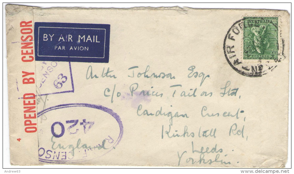 AUSTRALIA - 1943 - Air Mail Air Force - Opened By Censor, R.A.A.F. Censor - Koala - Viaggiata Per Leeds, England - Covers & Documents