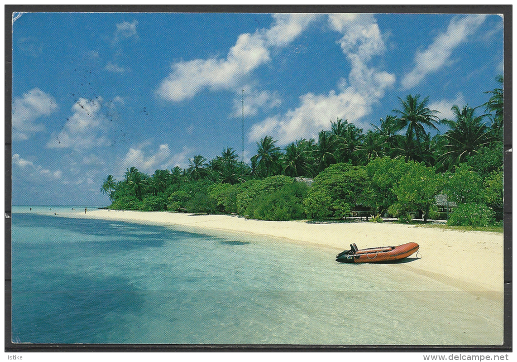 Maldives, Beach With A  Rubber Boat, Windsurfing Stamps, Airport Post Office Cancellation, Fishermen's Day Sigil, 1985. - Maldive