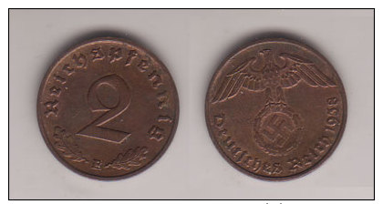 Drittes Reich , 2 Reichspfennig , Jäger 362 , 1938 E - 2 Reichspfennig