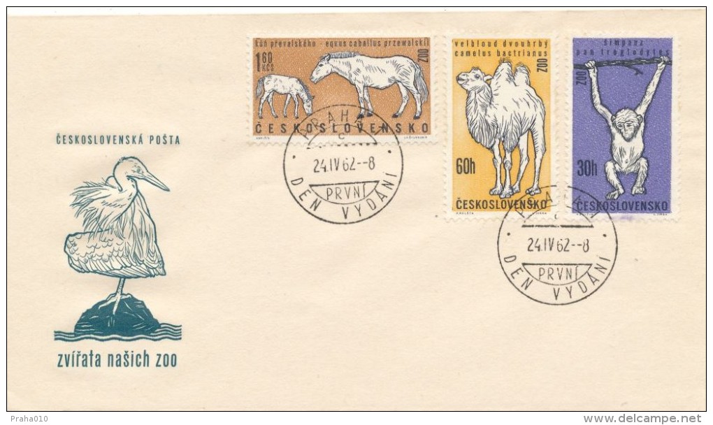 Czechoslovakia / First Day Cover (1962/05 B), Praha 1 (c): Animals Czechoslovak ZOO (horse, Camel, Chimp), Pelican - Pelicans