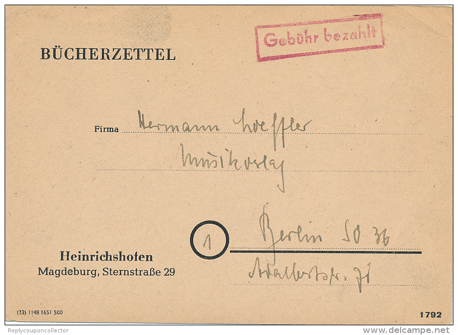 HEINRICHSHOFEN - 1948 , Bücherzettel Nach Berlin - Gebühr Bezahlt - Storia Postale