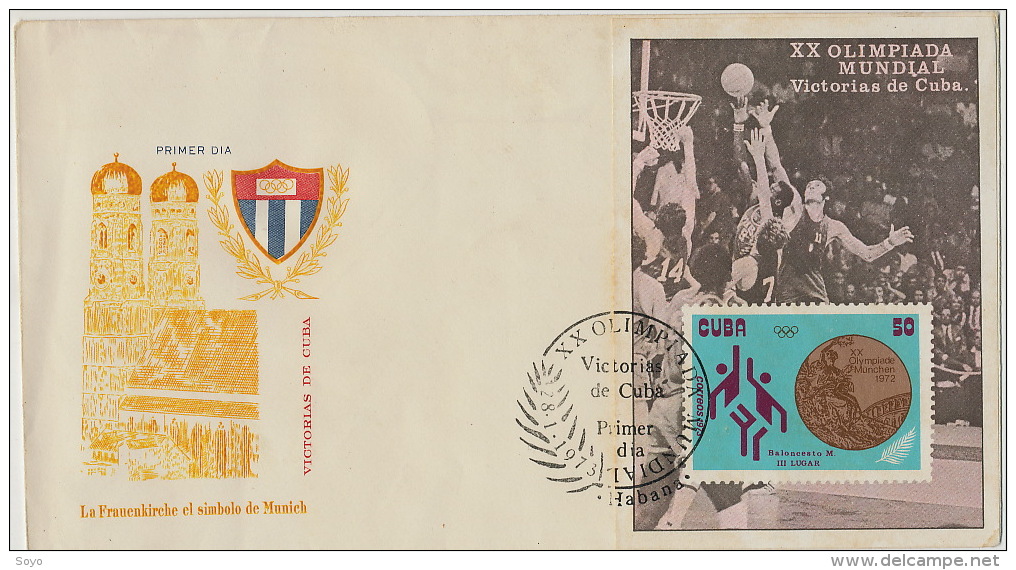 Enveloppe 1 Er Jour First Day Cover JO Munich Basket Ball Victoire Cuba - Basketball