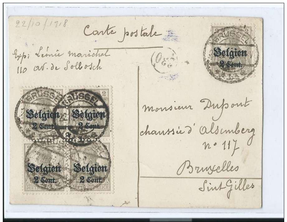 BELGIQUE OCCUPATION ALLEMANDE BLOC DE 4 2 CENT CACHET CENSURE 330 ? BRUSSEL CACHET 22/10/1918 /FREE SHIPPING REGISTERED - Other & Unclassified