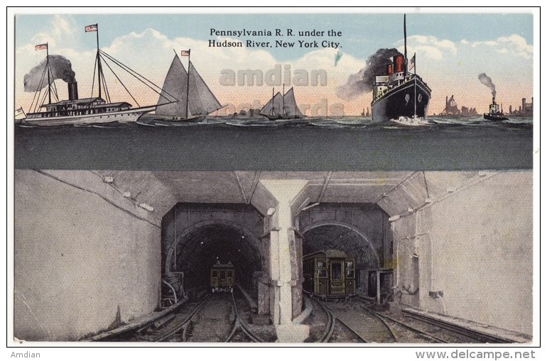 NYC New York City PENNSYLVANIA RAILROAD TUNNEL UNDER HUDSON RIVER ~c1910s Postcard ~STEAMSHIP - Brücken Und Tunnel