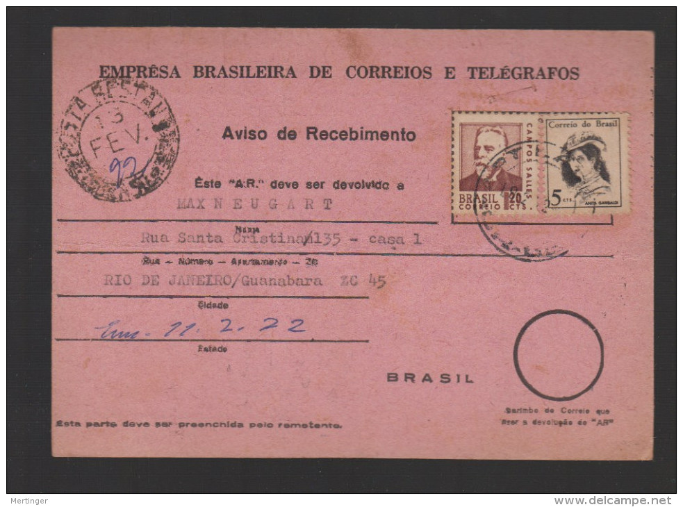 Brazil Brasil 1972 AVISO De RECEBIMENTO Salvador To Rio - Cartas & Documentos