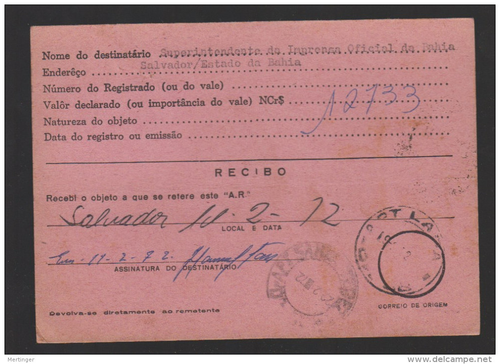 Brazil Brasil 1972 AVISO De RECEBIMENTO Salvador To Rio - Lettres & Documents