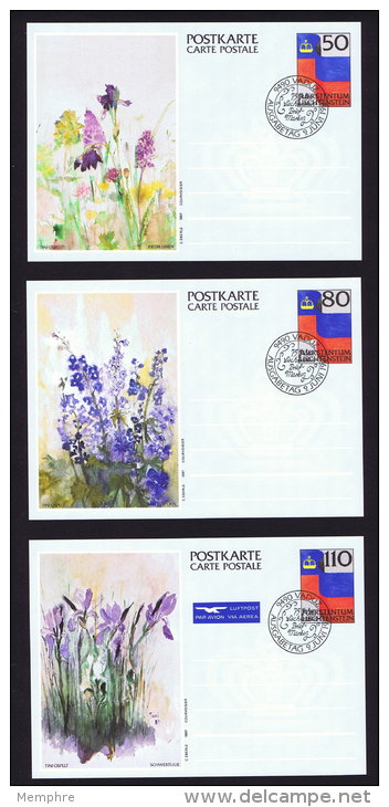 1987  Cartes Postales Fleurs Alpines  50, 80 Et 110 Rp. Michel P 85-7  Oblitérées Premier Jour - Postwaardestukken