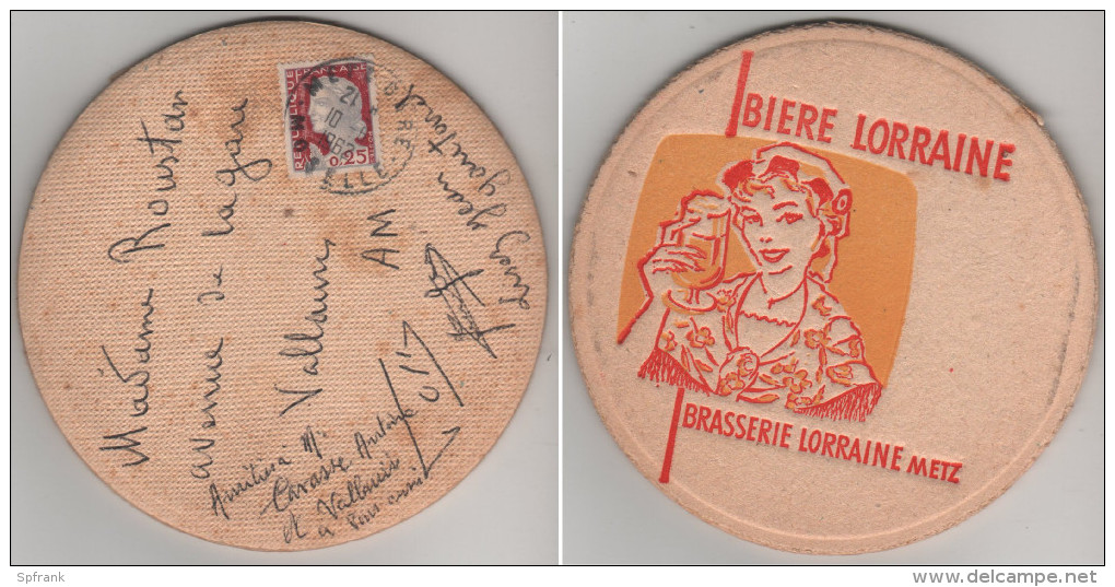 France - CURIOSITE Type Mail Art : Sous-bock De Biere Voyagé En 1962 Affranchi Marianne De Décaris 1263 Lorraine Metz - 1961-....