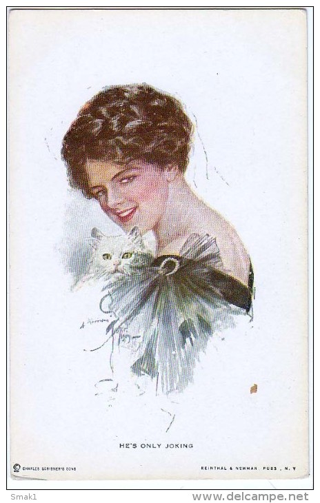 AK KÜNSTLERKARTEN   SIGNIERT KARTE: HARRISON FISHER JUNGE MÄDCHEN MIT KATZE ,LADY WITH WHITE CAT  Nr.108. ALTE POSTKERTE - Fisher, Harrison