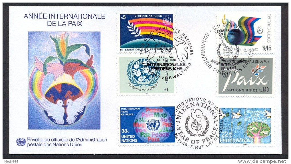 United Nations New York/Geneva/Vienna 1986 - FDC -  International Peace Year - Emissions Communes New York/Genève/Vienne