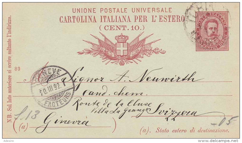 Italien 1892 - 10 C? Ganzsache Auf Pk Von Torino &gt; Geneve - Ganzsachen
