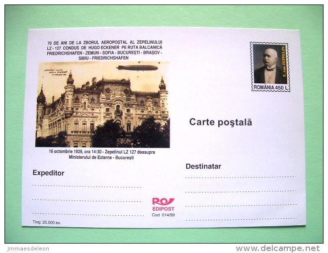 Romania 1999 Unused Pre Paid Postcard - Zeppelin Balloon - Covers & Documents