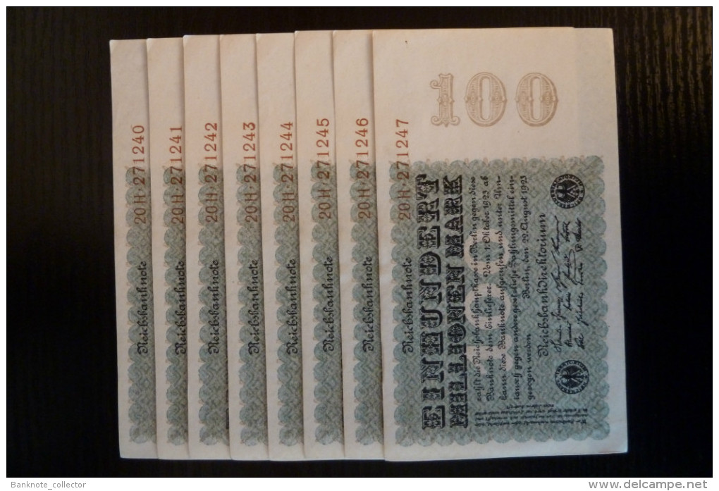 Deutschland, Germany - Set = 8 X 100 Mio. Mark, Reichsbanknote, Ro. 106 E,  ( Serie H ) UNC ( I ), 1923 ! - 100 Mio. Mark