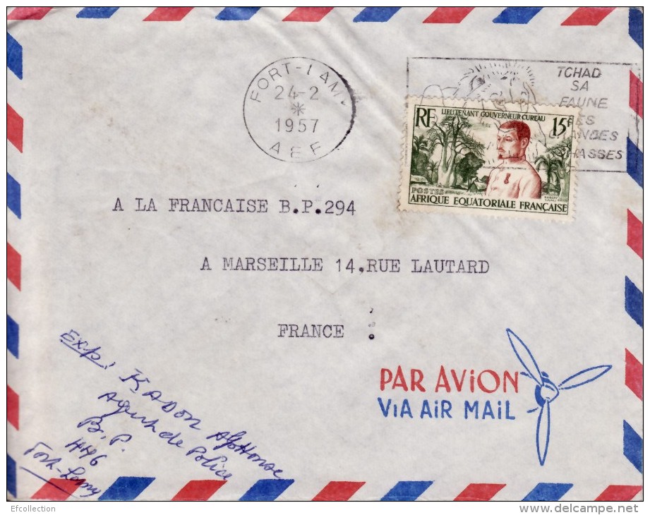 FORT LAMY TCHAD AFRIQUE COLONIE FRANÇAISE LETTRE AVION VIA LA FRANCE LIEUTENANT GOUVERNEUR CUREAU TIMBRE CAD MARCOPHILIE - Lettres & Documents