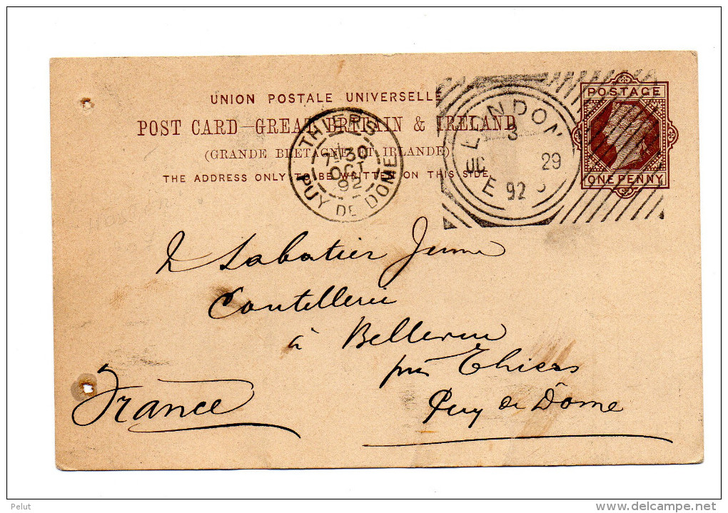 Entier Postal Grande Bretagne 1892 Trés Belle Oblitération - Entiers Postaux