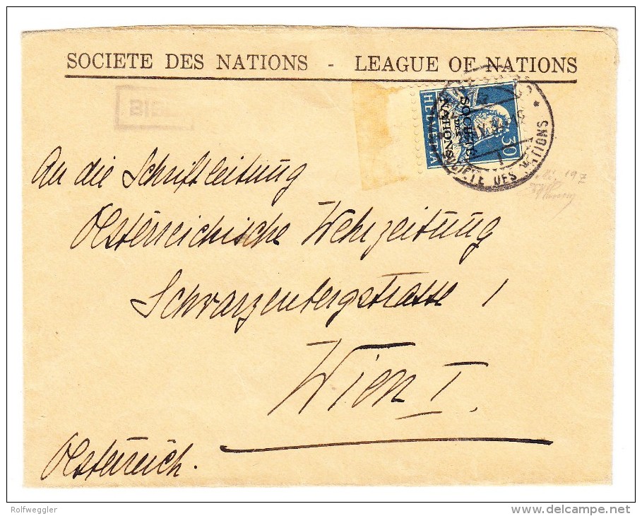 Schweiz 1932 Société Des Nations SDN  #20z Mi.#19z Tellbrustbild 30Rp.blau Auf Brief 27.IV.34 Genève 10 Nach Wien Attest - Service