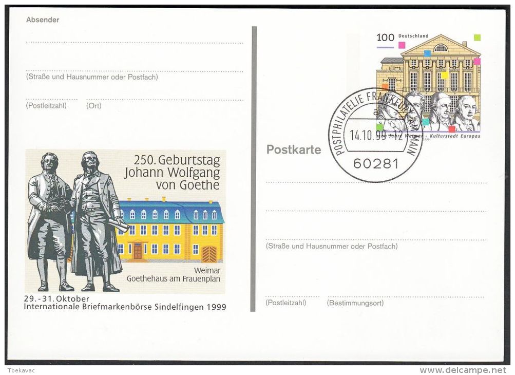 Germany 1999, Illustrated Postal Stationery "Johann Wolfgang Von Goethe" W./postmark "Frankfurt", Ref.bbzg - Cartes Postales Illustrées - Oblitérées