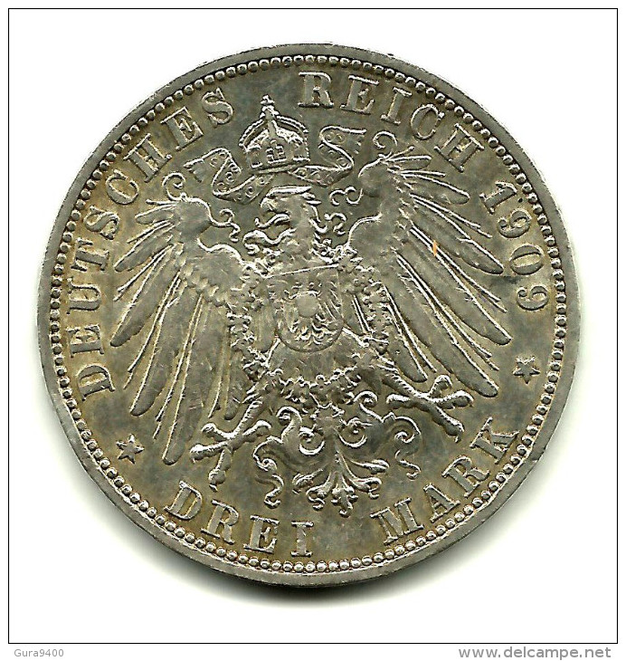 Duitsland Preussen, 3 Mark, 1909  Wilhelm II - 2, 3 & 5 Mark Zilver