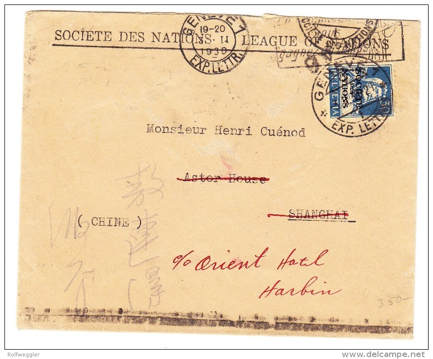 Société Des Nations SDN 30Rp. Blau Tellbrust Zu.#20 Auf Brief Nach Shanghai China Mit AK-Stempel - Service