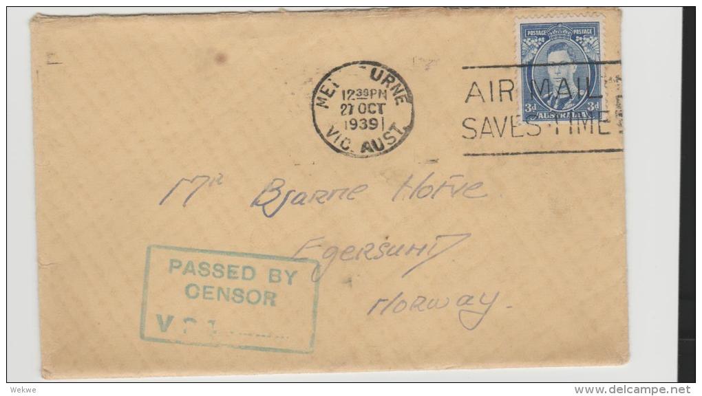 Au038/ King Georg VI On Cover Ex Urne  To Norway Prior To German Occupation 1939,  Censor, Rare - Covers & Documents