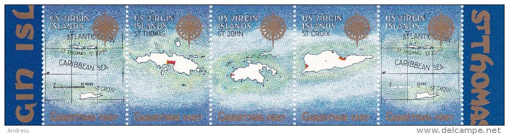 1987 US Virgin Islands Maps , Coat Of Arms , Stamp On Stamp, Christmas Seal Benefit MNH - Deens West-Indië