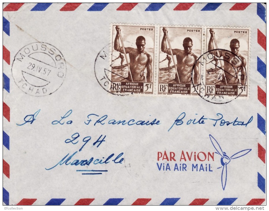 MOUSSORO TCHAD AFRIQUE COLONIE FRANÇAISE LETTRE PAR AVION VIA FRANCE PIROGUIER DU NIGER TIMBRE CAD MARCOPHILIE 2 SCANS - Lettres & Documents