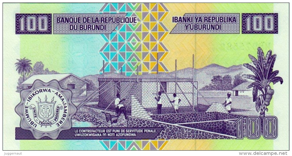 BURUNDI 100 FRANCS BANKNOTE 2011 PICK NO.44 UNCIRCULATED UNC - Burundi