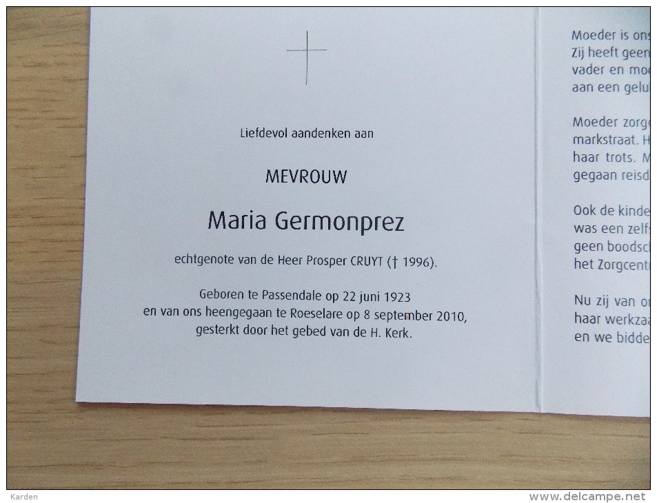 Doodsprentje Maria Germonprez Passendale 22/6/1923 Roeselare 8/9/2010 ( Prosper Cruyt ) - Religione & Esoterismo