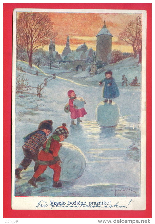 154650 / Artist - H. Schubert - VESELE BOZICNE PRAZNIKE ! Christmas Noel Weihnachten BOY GIRL Snowball - 22-226 - Schubert