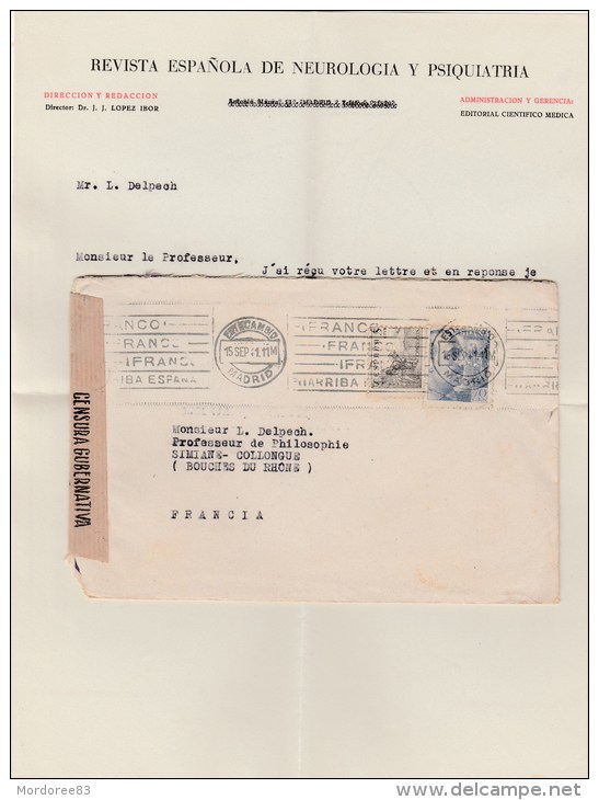 ESPANA MADRID 15/9/41 LETTRE AVEC COURRIER +CENSURA GUBERNATIVA POUR FRANCE SIMIANE COLLONGUE - Nationalists Censor Marks