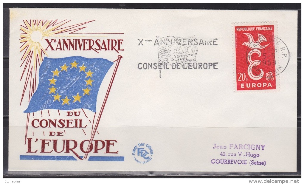 = Enveloppe Xème Anniversaire Conseil De L'Europe Timbre Europa France N°1173 De 1958 Strasbourg 5.5.59 - 1959