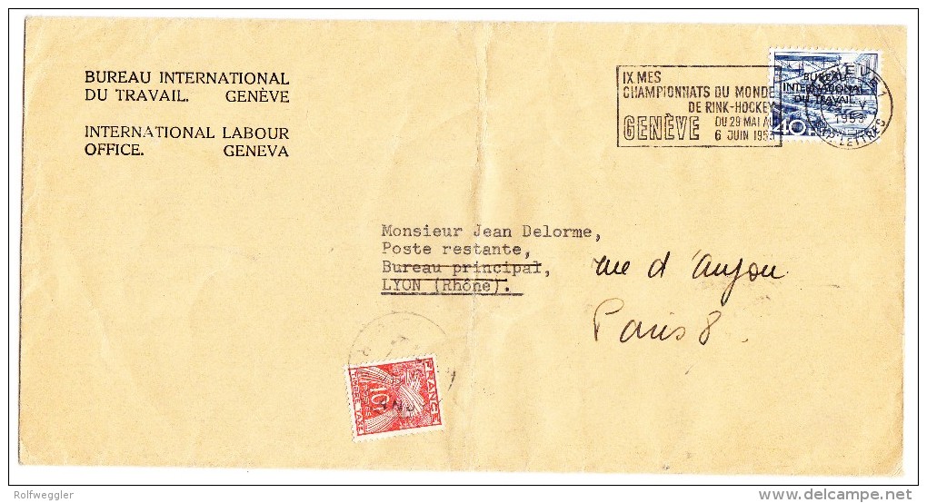 BIT Brief 29.V.1953 Genève Nach Lyon Weitergeleitet Nach Paris Am Ort Strafporto - Officials