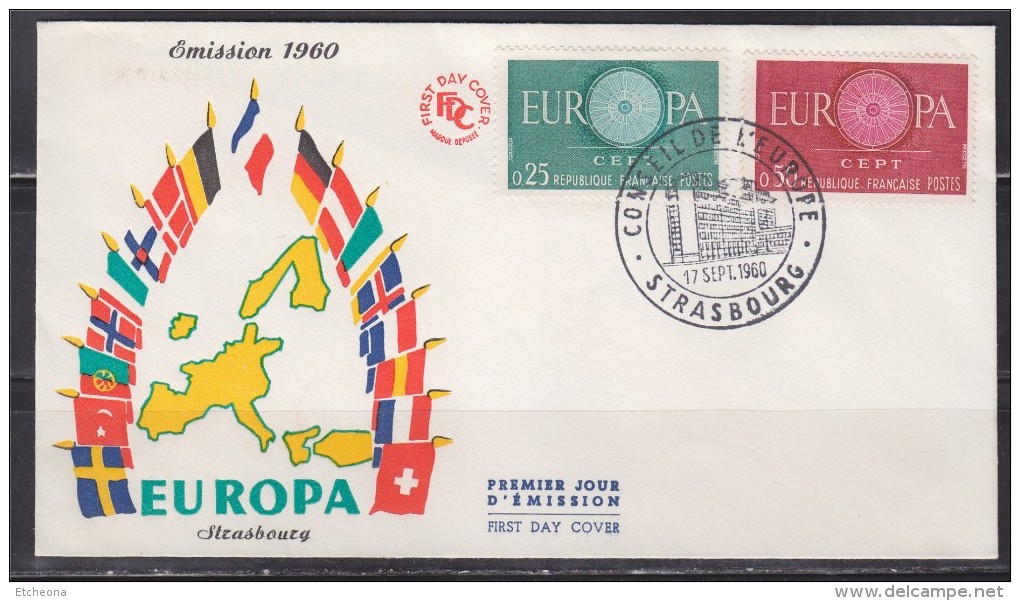 = Enveloppe 1er Jour Europa France N°1266 Et 1267, Strasbourg 17.9.60 Conseil De L'Europe - 1960