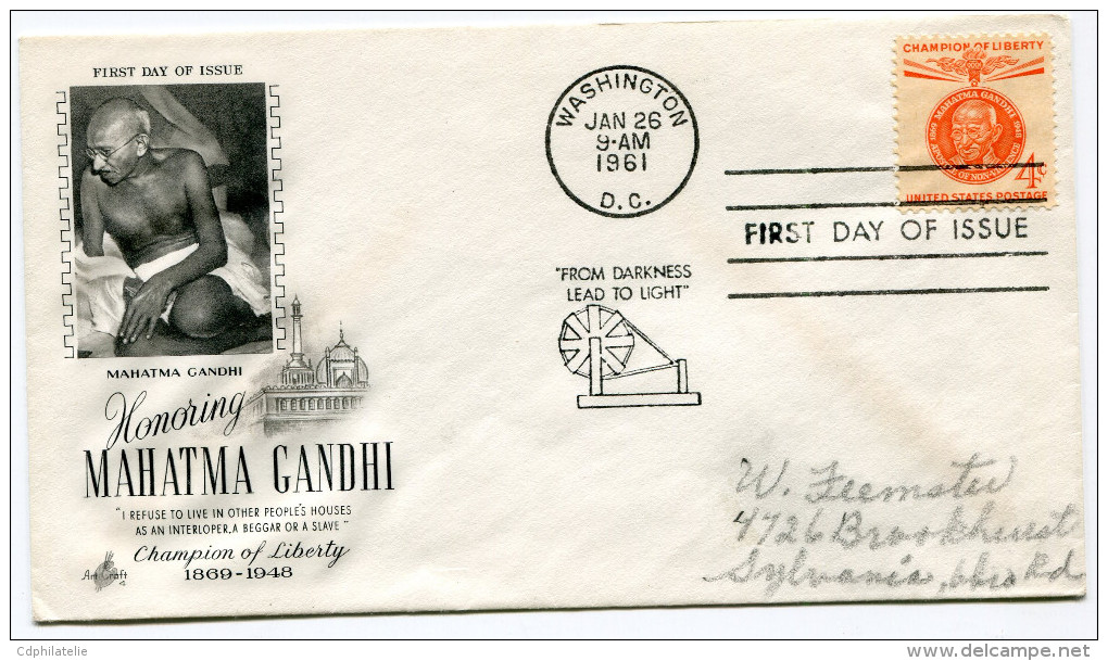 ETATS-UNIS THEME GANDHI ENVELOPPE PREMIER JOUR OBLITERATION WASHINGTON  JAN 26  1961 - Mahatma Gandhi