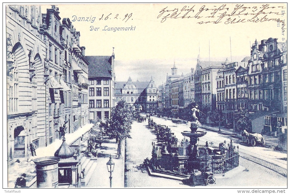 Danzig Der Langemarkt Blaudruck Belebt Pferde Wagen 6.2.1899 Gelaufen Fast TOP-Erhaltung - Danzig