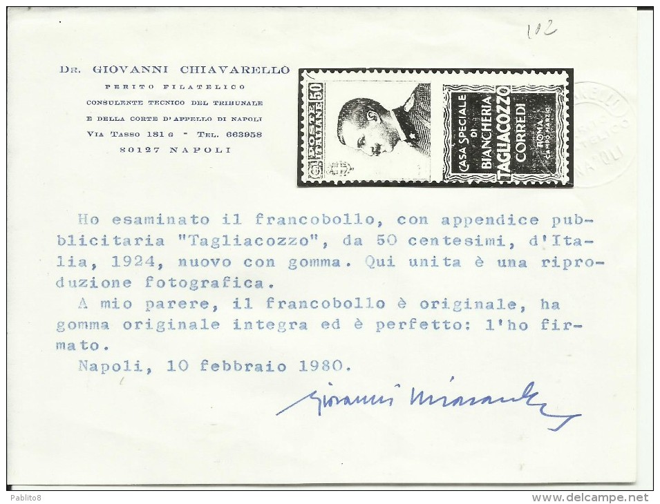 ITALIA REGNO ITALY KINGDOM 1924 1925 PUBBLICITARI CENT. 50 TAGLIACOZZO MNH DOPPIA VARIETA'  2 VARIETY CERTIFICATO - Pubblicitari