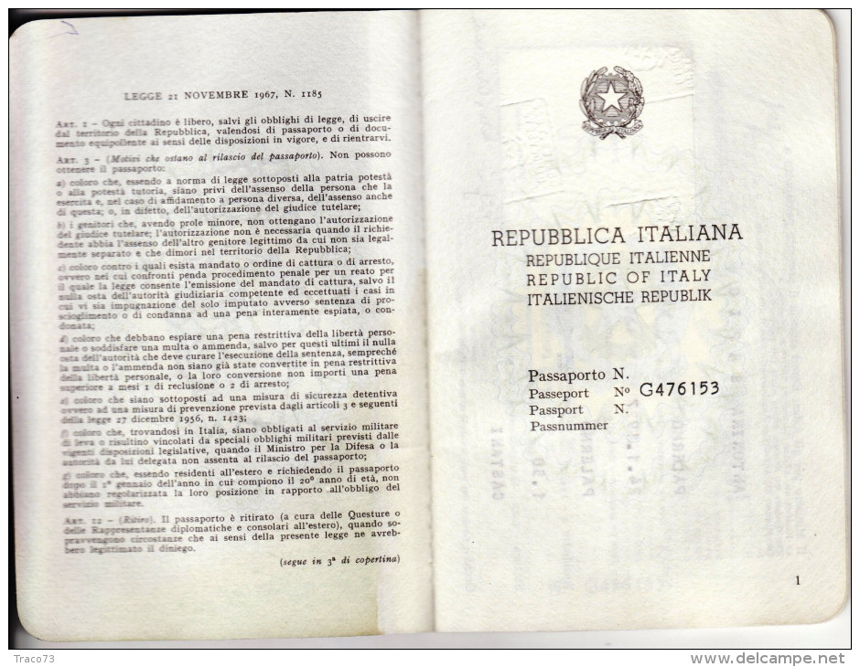 PASSAPORTO /  PASSAPORT  -  Repubblica Italiana _  Marca Da Bollo Da Lire 20.000 - Documenti Storici