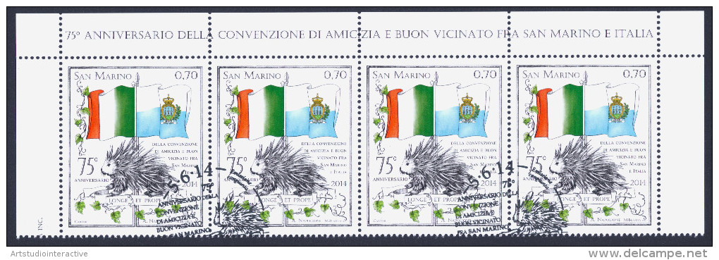 2014 SAN MARINO "EMISSIONE CONGIUNTA ITALIA - SAN MARINO 75 ANN. VICINATO" STRISCIA SUPERIORE ANNULLO PRIMO GIORNO - Used Stamps