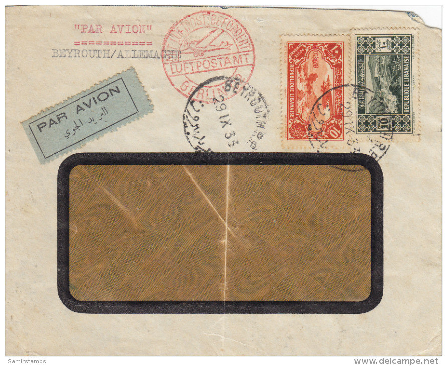 Lebanon-Liban Commerc.cover 1933,clear Cancellat. Wioth Special Red Luftpostamt Cancellat.verso -folded Scarce-SKRILL  P - Lebanon