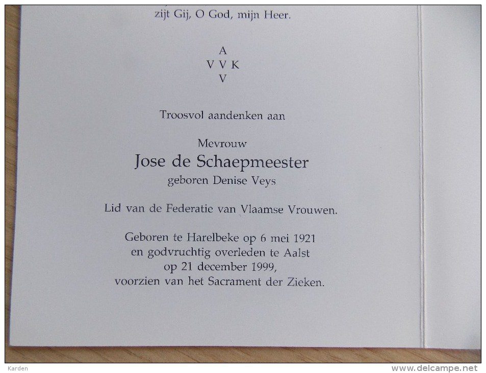 Doodsprentje Denise Veys Harelbeke 6/5/1921 Aalst 21/12/1999 ( Jose De Schaepmeester ) - Religion &  Esoterik