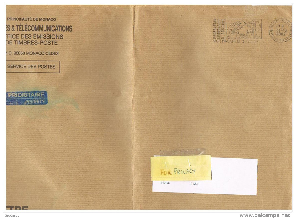 MONACO - STORIA POSTALE -  2002 PRIORITARIA X ITALIA (TIMBRO SPECIALE: FENCING)   - RIF.2101 - Covers & Documents