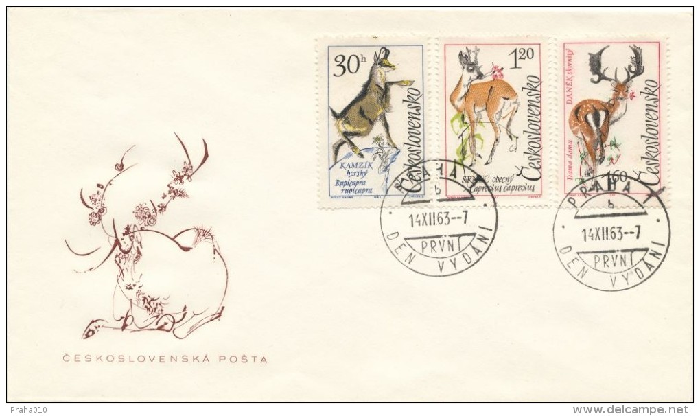 Czechoslovakia / First Day Cover (1963/26 A), Praha 1 (b) - Theme: 0,30 CSK Chamois; 1,20 CSK Deer; 1,60 CSK Fallow-deer - Légumes