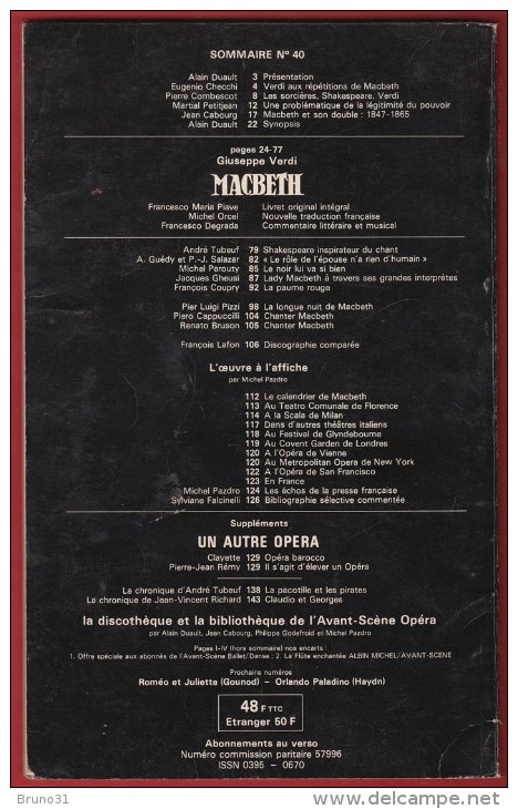 Opéra - L' Avant Scène N° 40 . VERDI : Macbeth De 1982 , 143 Pages . Voir Sommaire . - Musique