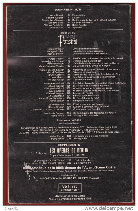 Opéra - L' Avant Scène N° Double 38/39 . WAGNER : Parsifal . Voir Sommaire . - Musique