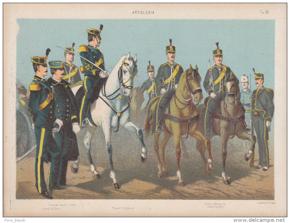 Uniformes Italiens Sous Humbert 1er - Artillerie - Lithographie Originale De Q. Cenni 1880 - Uniformes