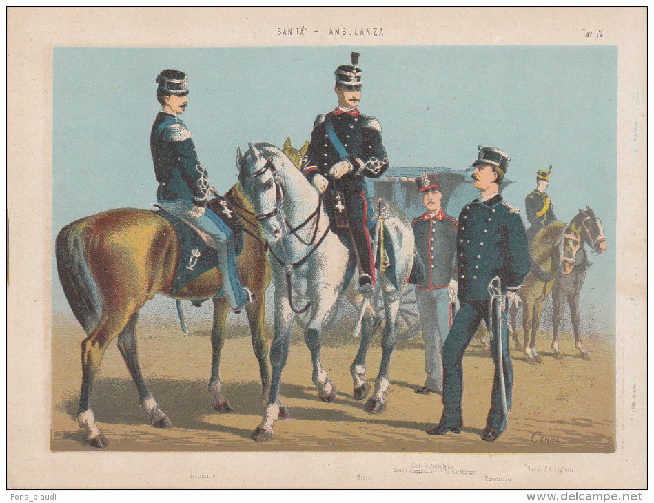 Uniformes Italiens Sous Humbert 1er - Médecins Et Ambulanciers - Lithographie Originale De Q. Cenni 1880 - Divise