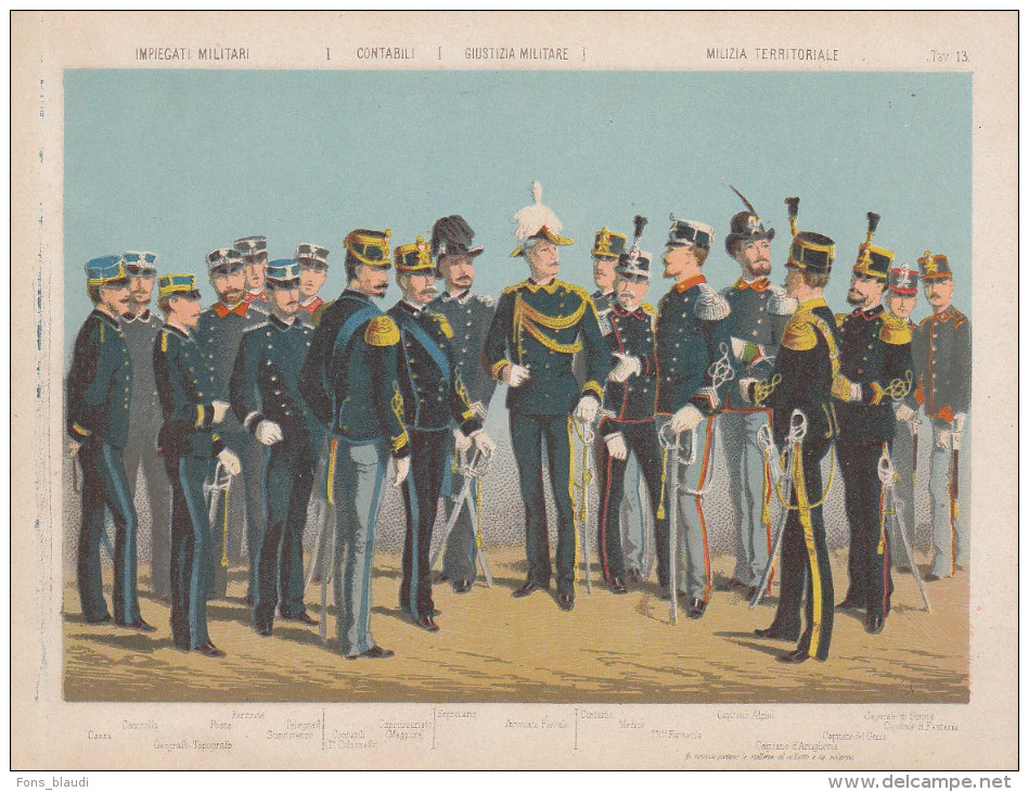 Uniformes Italiens Sous Humbert 1er - Employés, Comptable, Justice - Lithographie Originale De Q. Cenni 1880 - Divise